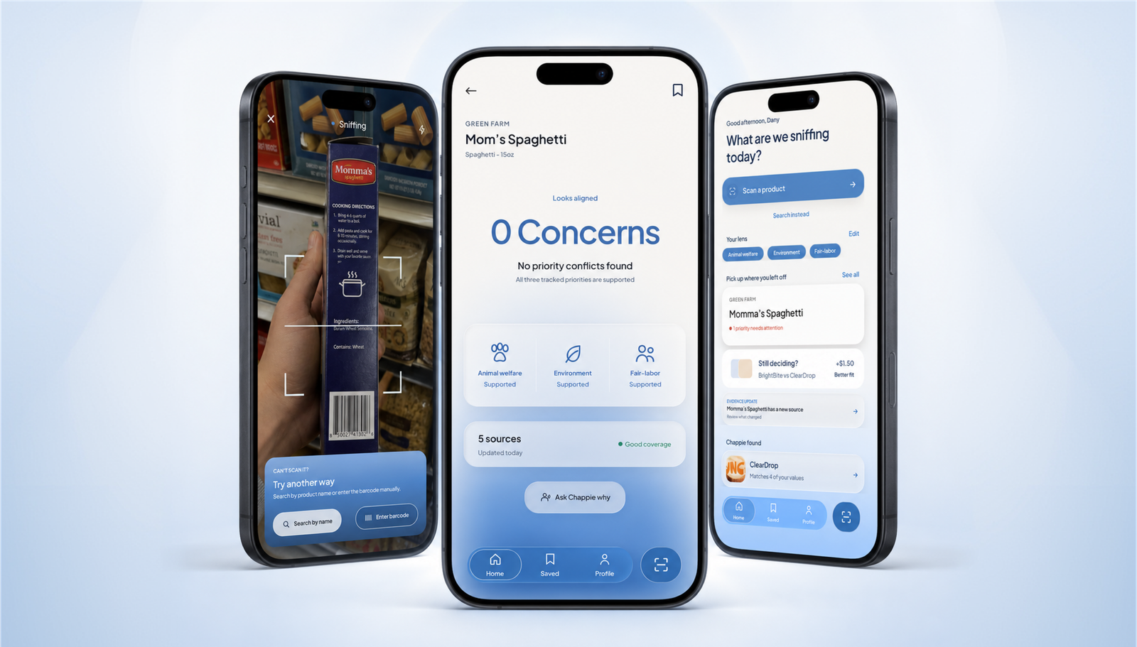 Three Chappie mobile screens showing scanning, a product verdict, and the home screen