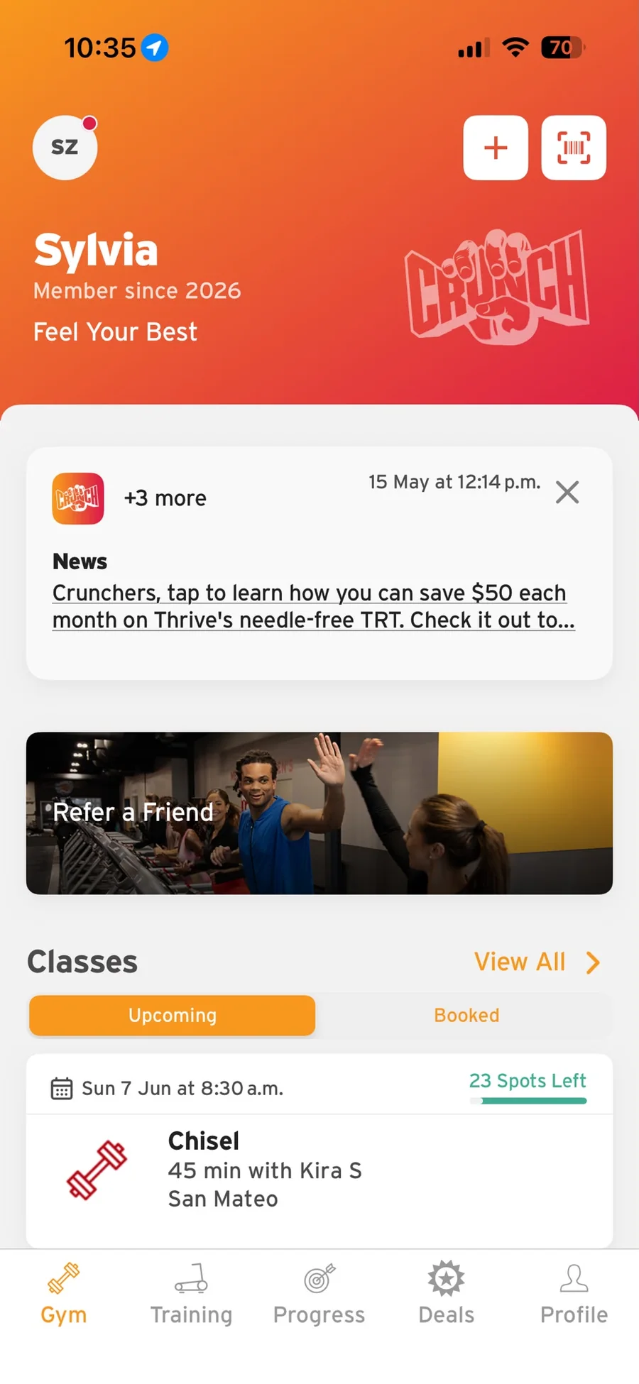 Original Crunch home screen with class access below news and promotional content