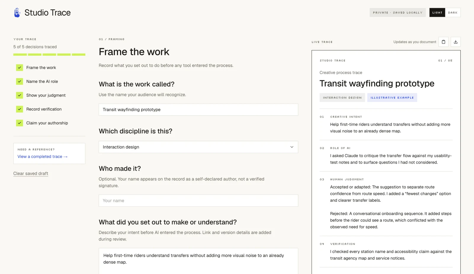 Studio Trace working editor alongside a generated creative process record, using an illustrative transit project